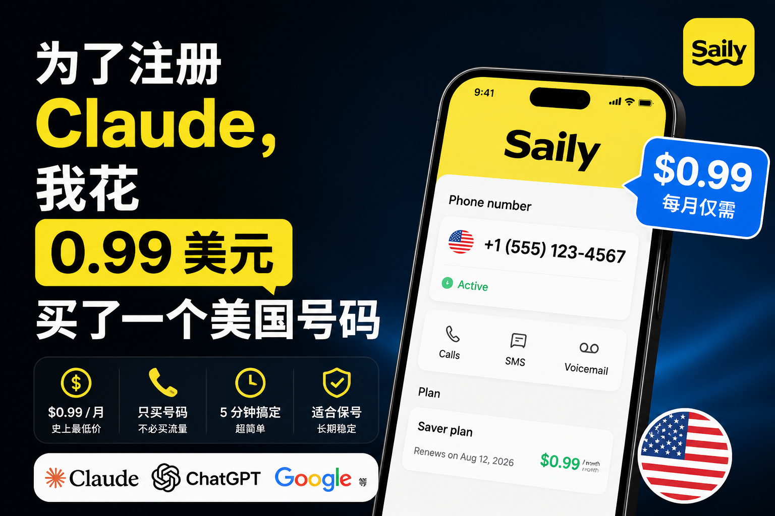 为了注册 Claude，我花 0.99 美元买了一个美国号码